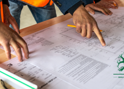 Two industrial workers in safety vests reviewing engineering blueprints, representing Millwright apprenticeship training