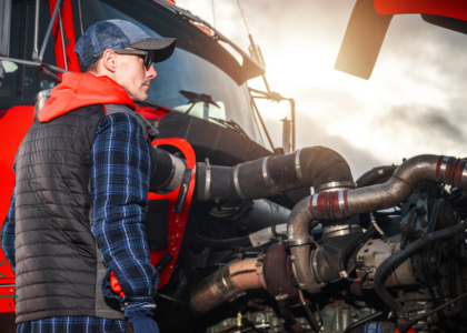 Diesel mechanic apprentice inspecting an open truck engine bay, Artisan Training Institute