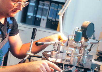 Mechanical fitter apprentice in safety glasses and overalls assembling a precision clamping fixture at a workbench, representing a mechanical fitter career
