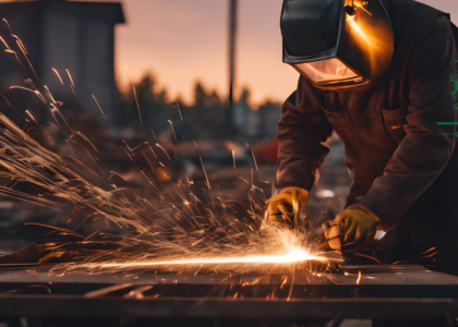 Welder in a protective helmet and gloves grinding steel as bright sparks fly at sunset